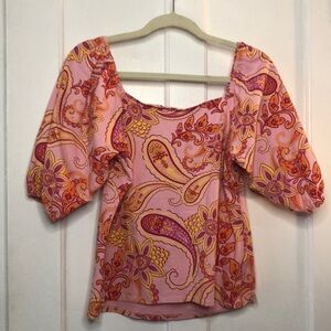 Unbranded Pink Yellow Paisley Bubble Sleeve Fitted Cotton Blend Blouse Top Large